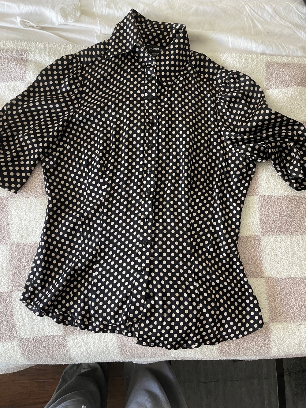 bebe Silky Black Blouse with Tan Polka Dots